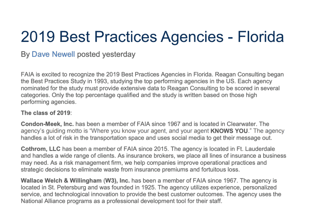 Image of the 2019 Best Practices Agencies in Florida announcement, featuring the title "2019 Best Practices Agencies - Florida" and author name Dave Newell, highlighting agency achievements and recognition by FAIA and Reagan Consulting.