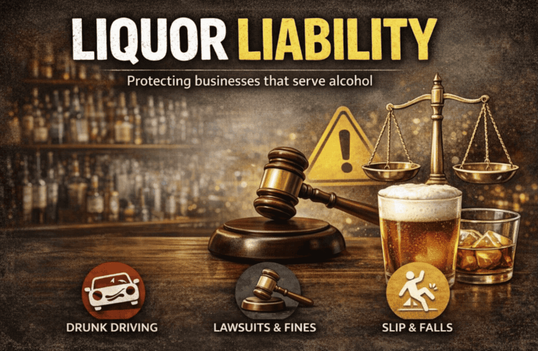 Liquor liability graphic illustrating protection for businesses serving alcohol, featuring a gavel, scales of justice, and icons for drunk driving, lawsuits, and slip and falls.