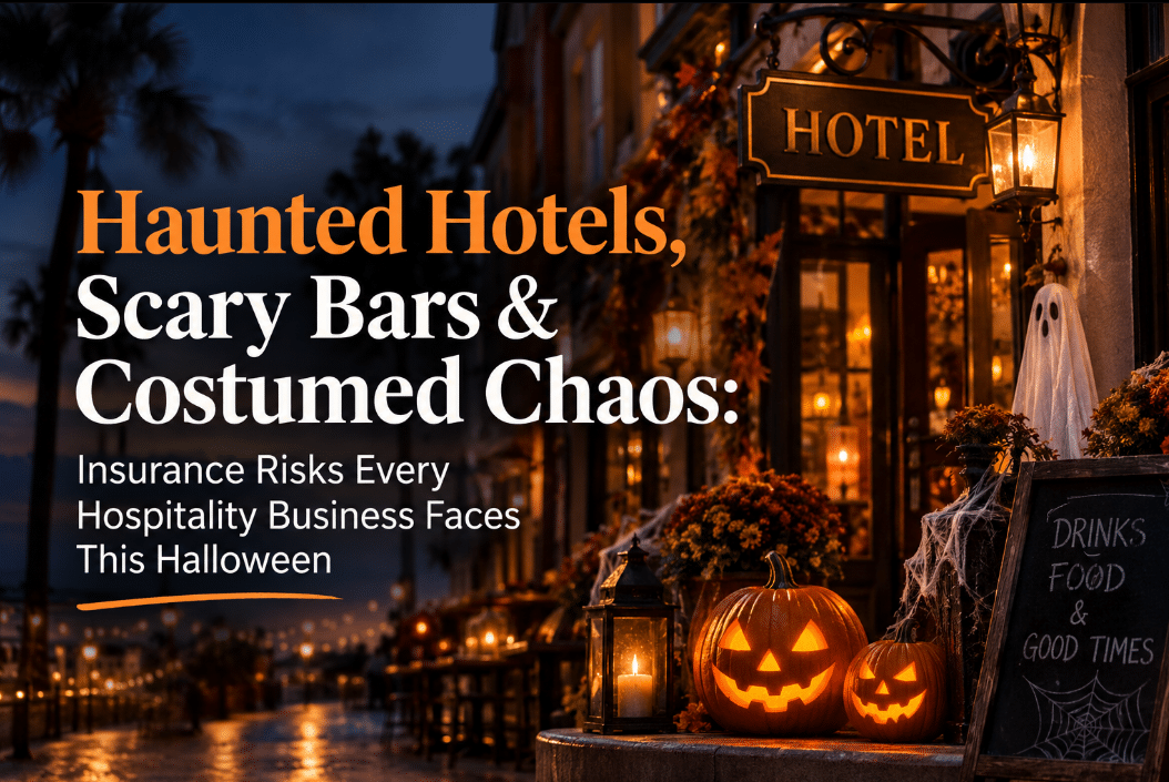 Hotel entrance decorated for Halloween with jack-o-lanterns and a ghost